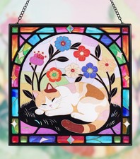 Colorful Cat Stained Glass Suncatcher 7.9" for Window, Wall, Porch Decor
