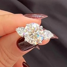 10MM Round Cut VVS1 Moissanite Three Stone Engagement Ring 14K White Gold Plated