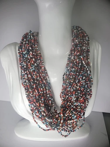 Vintage Silver Tone Beaded Multi Strand Statement Necklace Jewelry Costume