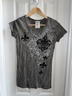 Y2K  Voral Graphic T-shirt Fleur-de-lis Design Small Grey Blk Sequins Festival