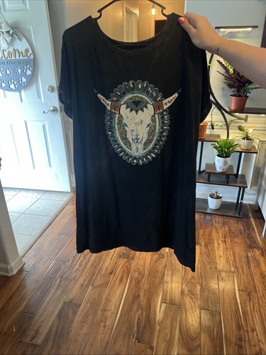 HRT & LUV T-Shirt Dress Women M Black Mineral Washed Graphic Short Dolman Sleeve