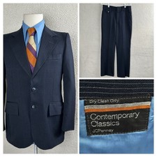 JcPenny's Mens 38R 32x31 Vnt 70's Wide Lapel Flares Pinstriped Polyester Suit