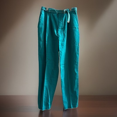 Vintage 80s Chic Womens Pants 14 Teal High Waist Pleated Tapered Belt USA