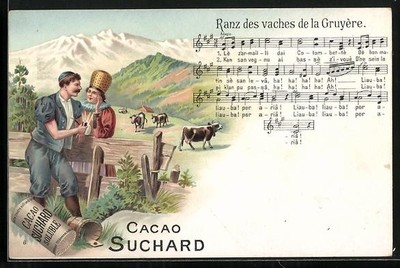 Lithographie Cacao Suchard, Bauer und Bäuerin im Gespräch, Cacao Suchard Solubl 