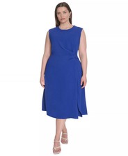 Calvin Klein Midi Dress 20W Blue Side Cinched Sleeveless A-Line Slit NWT $139