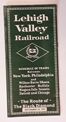 SEPTEMBER 30, 1951 LEHIGH VALLEY RAILROAD TRAIN SCHEDULE. VERY RARE.