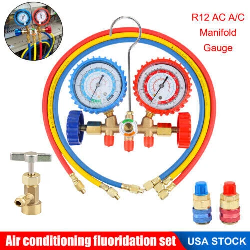 AC Manifold Gauge Set A/C Refrigeration 3FT Color Hose fit R502 R134a R12 R22