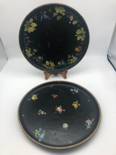 Pair of Victorian black lacquer Papier-Mâché tea trays