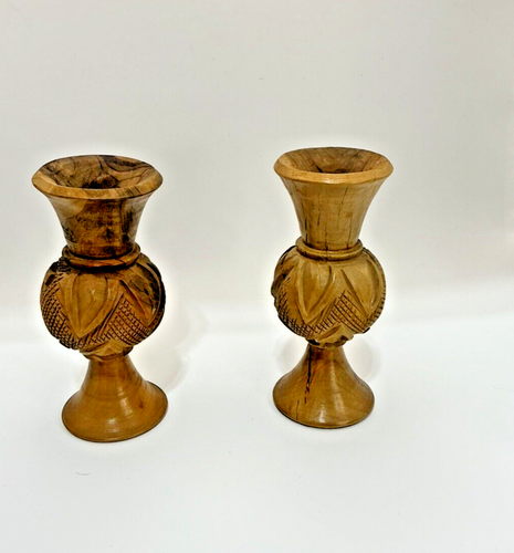 Vintage Hand Carved Olive Wood Jerusalem Vase, Hand Carved Olive Wood Bud Vase - Picture 4 of 5
