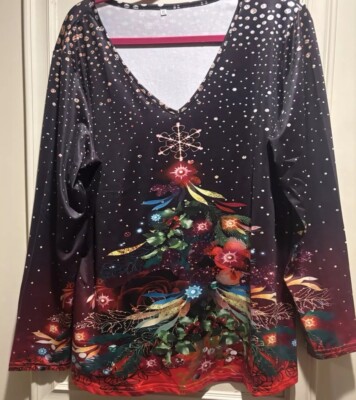   Christmas Long Sleeve Sz XL Black Green Tree Polyester Spandex New 44 X 25