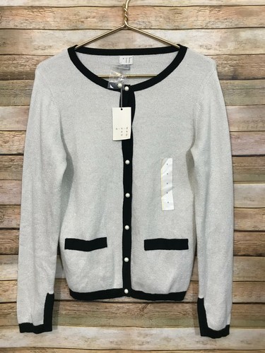 White Cardigan Sweater Black Trim | eBay