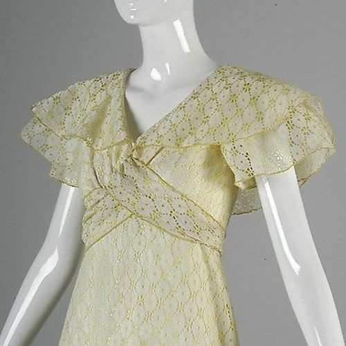 XS Vintage 1970s 70s Maxi Dress Hippie Boho Yellow Prairie Ruffle Summer Casual - Picture 5 of 8