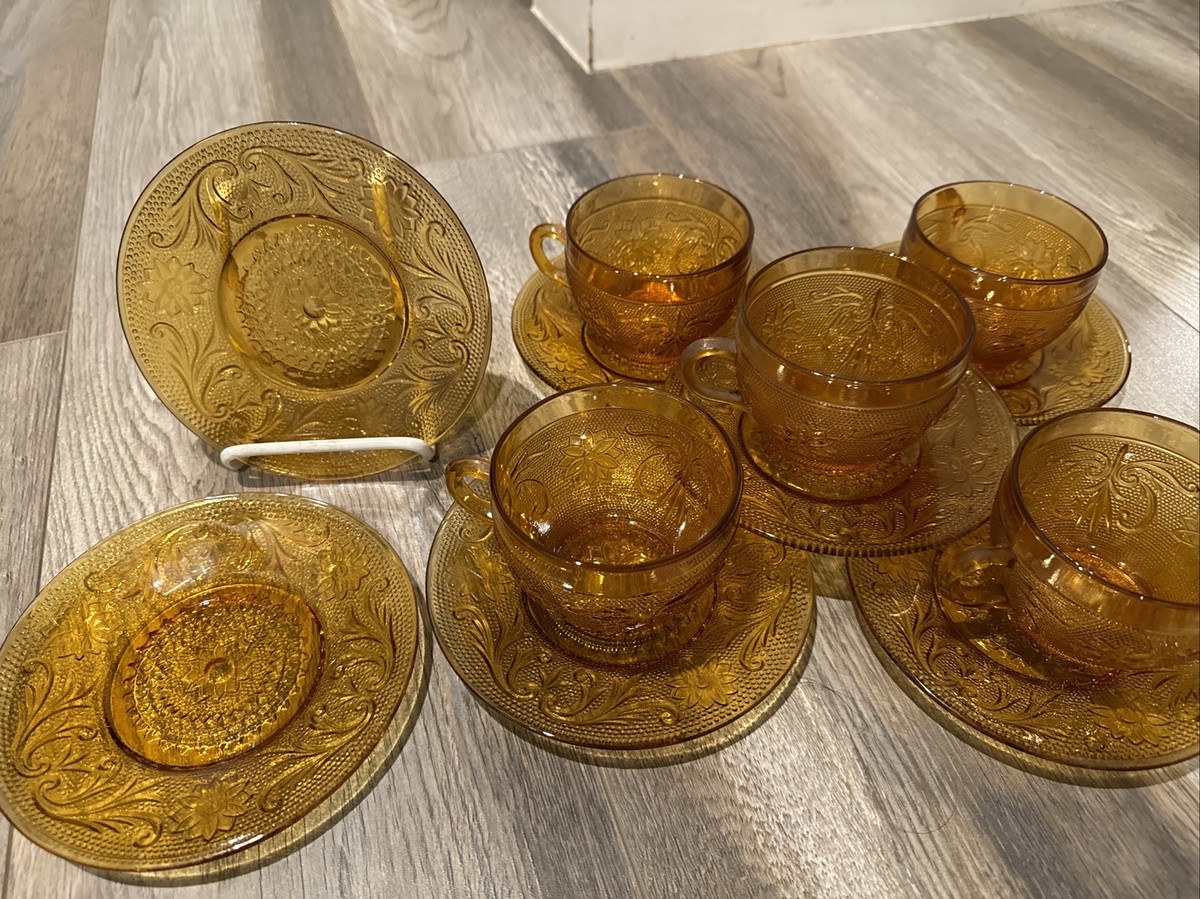 Vintage Set Of 5 Indiana Glass Amber Tiara Sandwich Glass (5) Cups