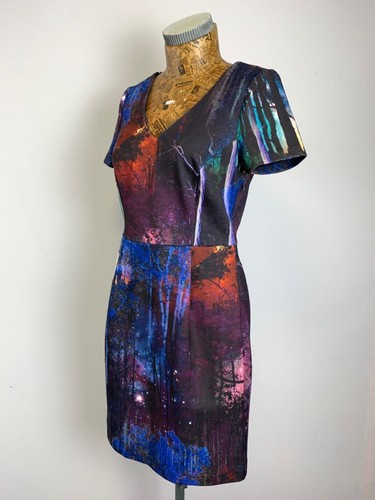 YUMI DRESS 10 BLUE Night Forest Ottoman Sheath Pencil Zip Midi Short Casual - Picture 2 of 11