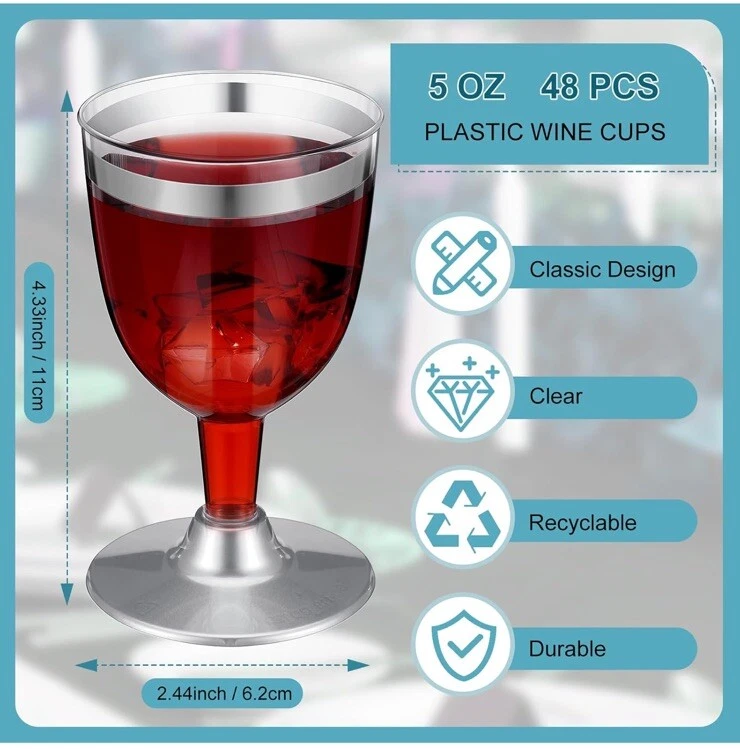 48 Pc Disposable Wine Glasses Plastic Champagne Flute Party Clear Silver Rim 5oz - Image 3 of 4