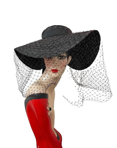 1940S VINTAGE HAT BLACK BRIMMED COLORFUL CHENILLE LOOPS ON  display picture 1