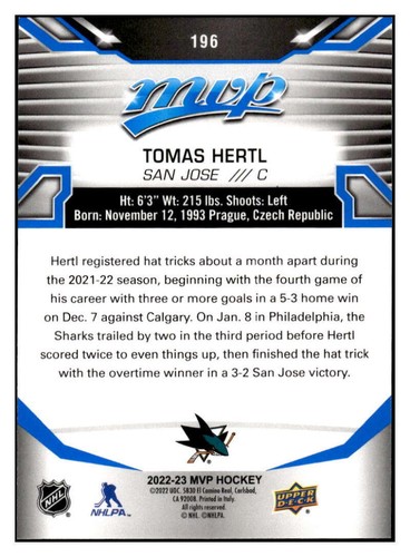 Tomas Hertl 2022-23 Upper Deck MVP Blue Script #196 NHL Sharks ID:65666 - Picture 2 of 2