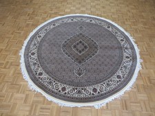 8 X 8 Round Fine Hand Knotted Ivory Mahi Tabrez Oriental Rug Wool & Silk G4994