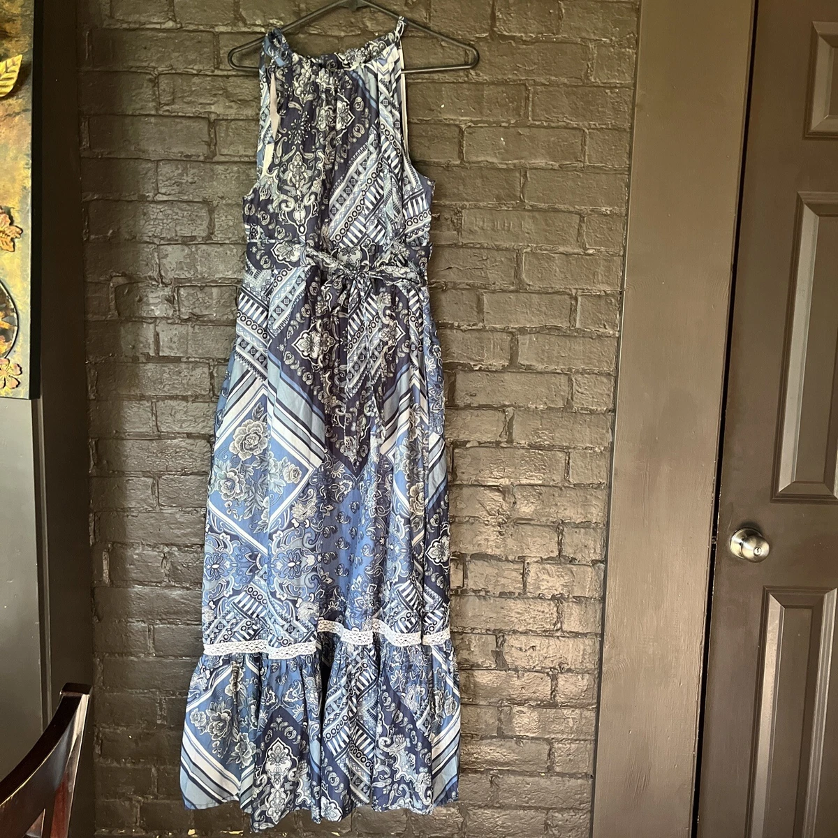 Nwt Lucky Brand Size S Blue Paisley Print Cotton Halter Belted Maxi Dress