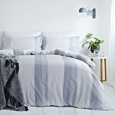 Image of The Linen Yard Signature Stripe Cotton Duvet Cover Set Blue King Breathable Soft