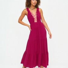 SALONI Suzi Berry Crinkle Crepe Lace Maxi Dress Size 10 NWT