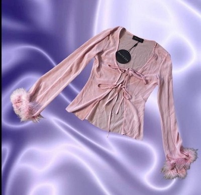 White Fox Spice It Up Pink Feather Double Tie Sheer Crop Top XS