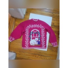 Vtg 80s Spunky Pink Cat in Window Sweater Kawaii Novelty USA Scallop M/L