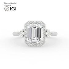 Emerald Diamond Trilogy Ring 18k White Gold Labgrown 3.50 Ct Solitaire