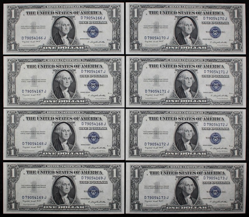 LOT of 8 consecutive 1935G With Motto $1 Silver Certificates CU DJ79054166-73J