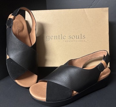 Gentle Souls by Kenneth Cole Womens LORI X-BAND Black Wedge Sandals Womens 8.5