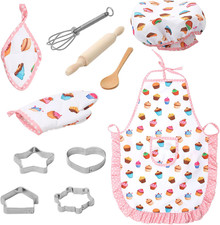 Kids Chef Hat and Apron, 11 PCS Chef Costume Sets Pretend Play Kitchen Toys Baki