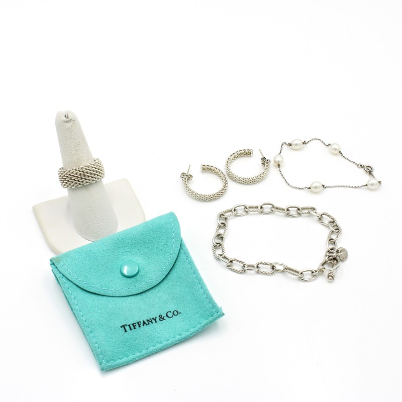 Tiffany & Co. Sterling Somerset Mesh Pearl Hoop Ring Earring Lot of 4 #S4537-3