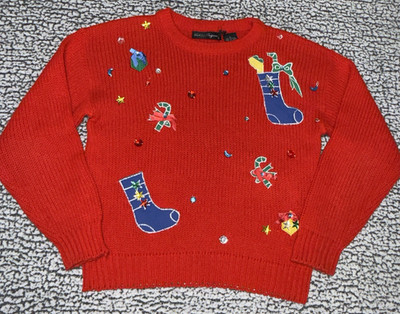VTG Work In Progress Red Ugly Christmas Sweater Women's M Embroidered Beaded 90s