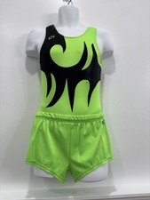 GK Elite Gymnastics Leotard Adult Medium Neon Green Black Design + Shorts Set