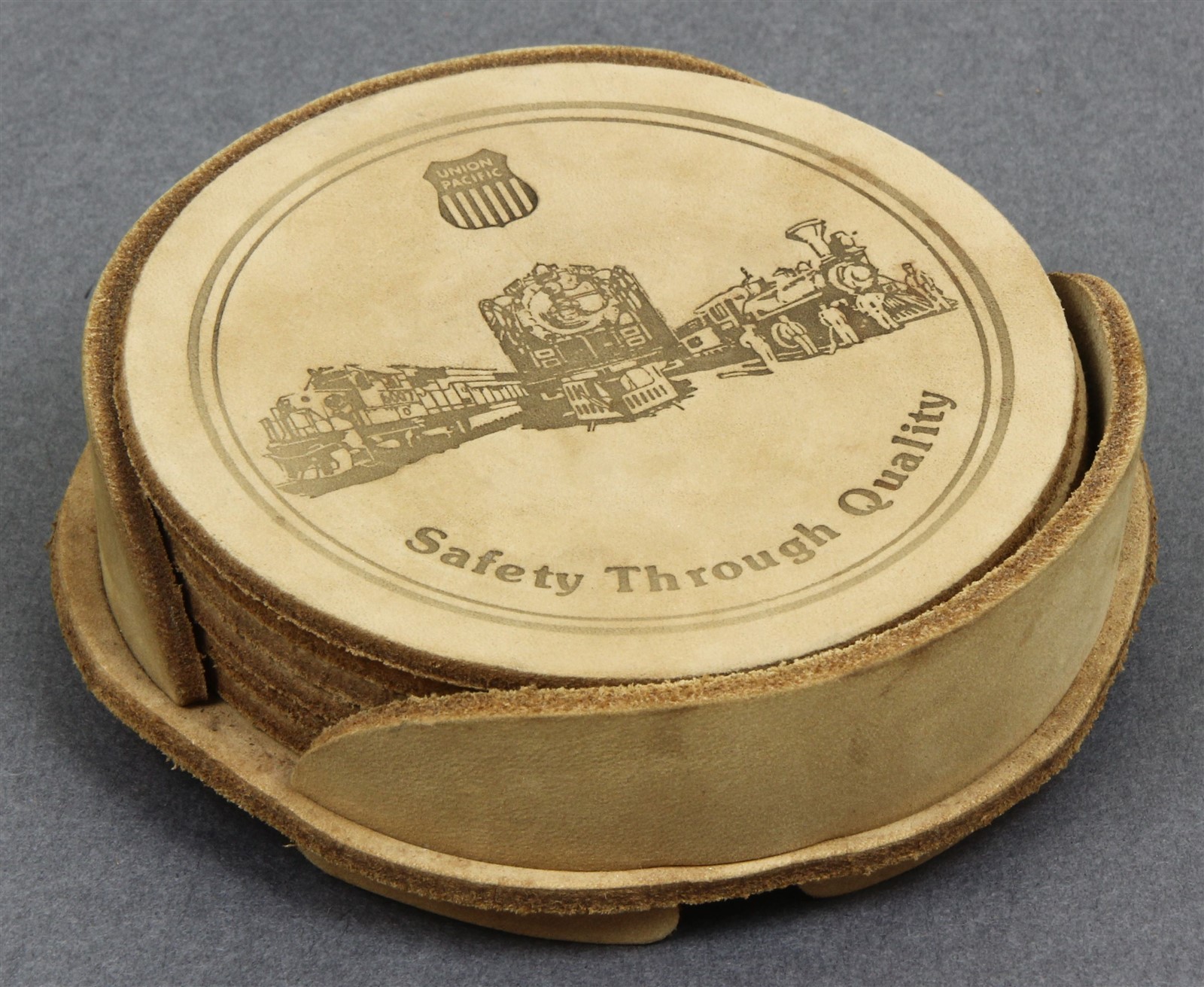 Set of 6 LEATHER COASTERS & HOLDER UNION PACIFIC RAILROAD SAFETY THROUGH QUALITY