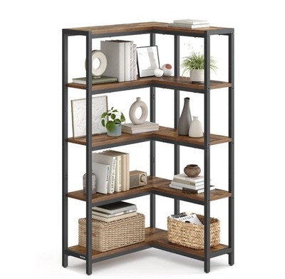 5 Tier Bookshelf with Metal Frame, Convertible Industrial Corner Shelf, 9.4 x...