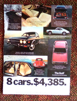 1973 Audi car with VW Porsche Eldorado Aston Martin Print Ad - $4385.00