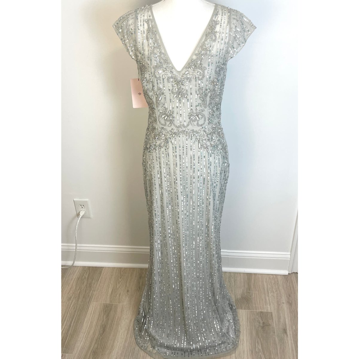 BHLDN Calais Beaded Column Gown In Morning Mist Blue Size New