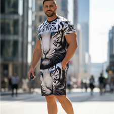Men 2pc Tracksuit Set 1XL 3XL White Tiger Blue Eyes T-Shirt Shorts Big Tall New
