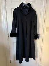 VTG Steve by Searle Black Wool Swing Coat Size 4 Faux Fur Trim Maxi Made in USA