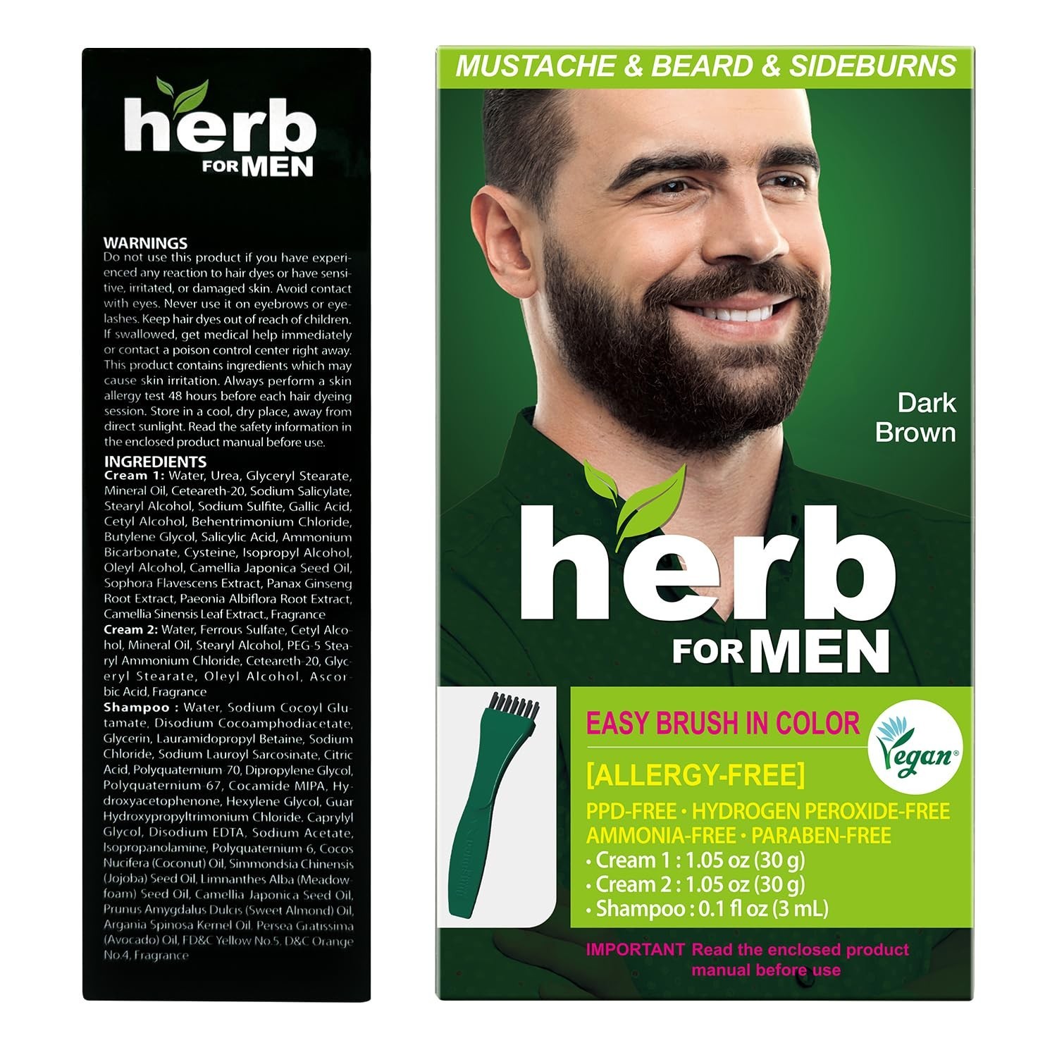 Herb For Men Mustache & Beard Dye (Dark Brown, 1 Pack), PPD-Free Ammonia-Free...