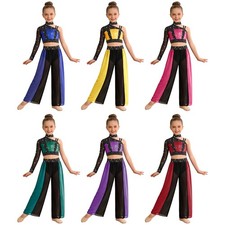 Kids Girls Dancewear Split Flowy Outfit Color Block Costume Glittery Dance Rave