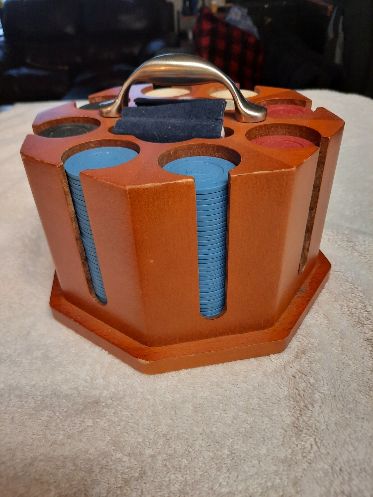 Vintage Round Wooden Poker Chip Caddy Card Set Metal Handle eBay