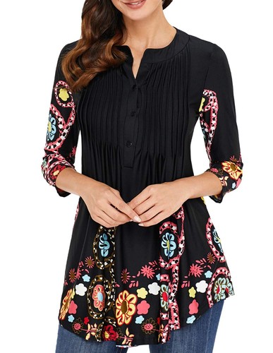 Women's 3/4 Sleeve Floral Tunic Tops Loose Blouse Button up Shirts - Picture 5 of 26