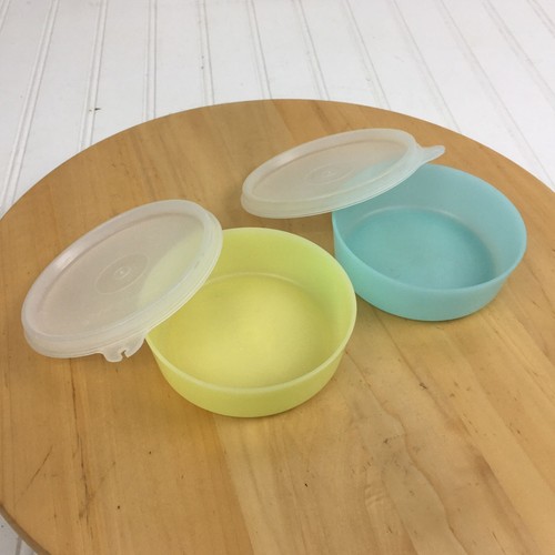 Vintage Tupperware runde Snack Schüsseln mit Deckel USA blau gelb #1286-21