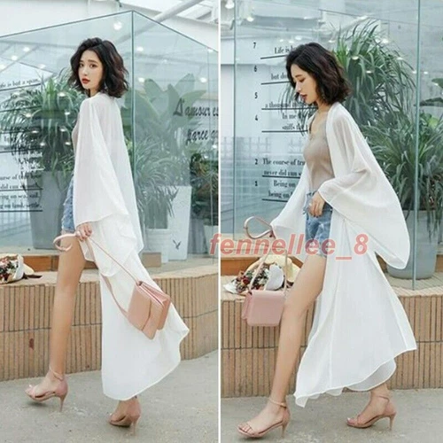 Damen Transparent Chiffon Kimono Lange Jacke Cardigan Schal Achselzucken Bolero Sommer Strand - Bild 5 von 25