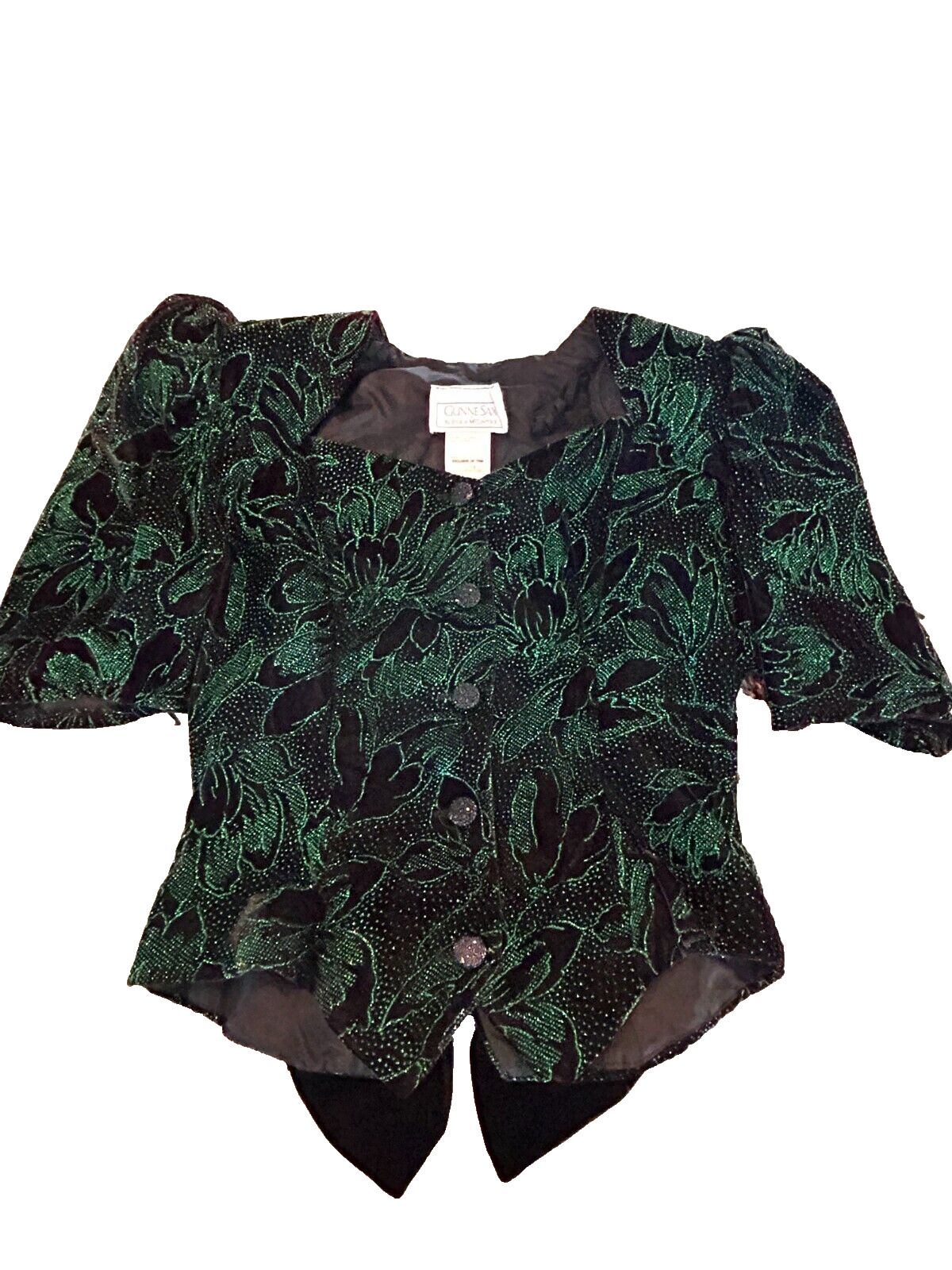Gunne Sax Jessica McClintock Blouse Small Vintage Green Glitter Black Velvet Bow