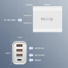 2-PACK 4 Multi Port QC3.0 USB Hub+PD 20W Type C Fast Wall Charger Power Adapter