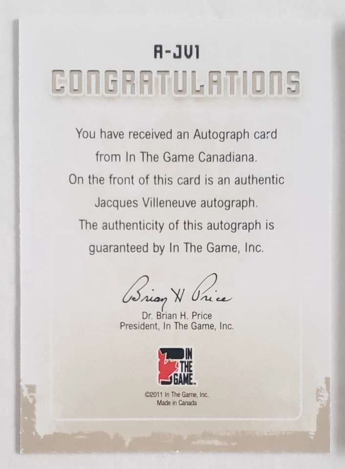2011 ITG IN THE GAME JACQUES VILLENEUVE SP AUTO SIGNATURE HOF RACECAR F1 DRIVER - Image 2 of 2