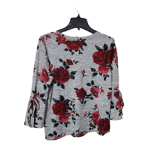 A. Byer Blouse Gray Red Roses Bell Sleeves Women's Sz L - Picture 3 of 10